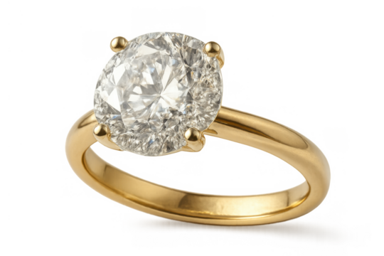 Elegant diamond solitaire engagement ring with sparkling gemstone on a gold band highlighting love and luxury, transparent background