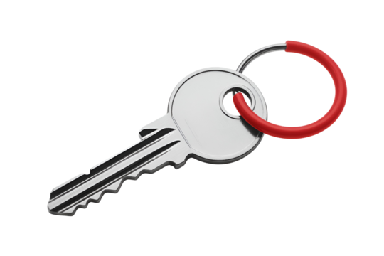 Silver house key with red ring isolated on transparent background