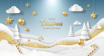 Winter christmas composition in paper cut style - Merry Christmas text Calligraphic Lettering illustration - Chrismas Card