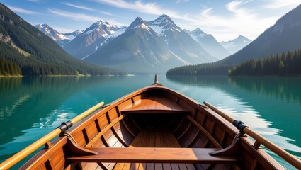 Wooden boat on serene mountain lake