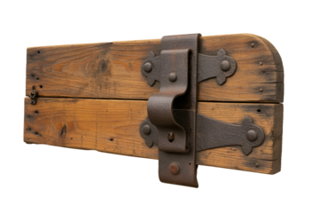 Antique wooden chest detail with metal hardware isolated on transparent background