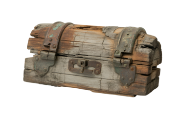 Ancient weathered wooden treasure chest isolated on transparent background
