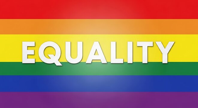 Equality concept on rainbow flag with vibrant colors and bold text - Powered by Adobe