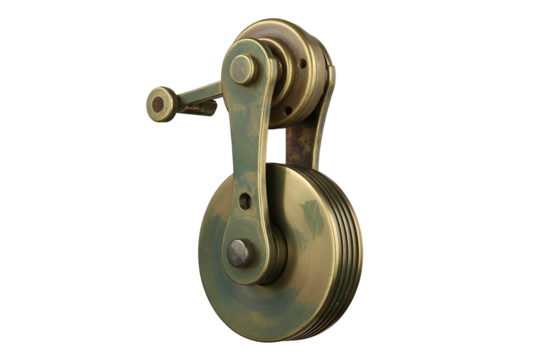 Antique brass pulley system with hook isolated on transparent background