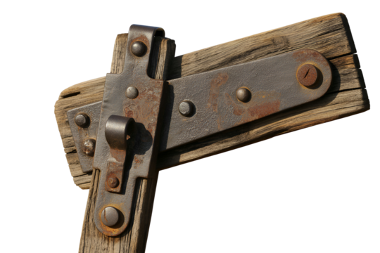 Antique wooden cross with rusty metal hinges isolated on transparent background