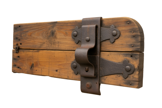 Antique wooden chest detail with metal hardware isolated on transparent background
