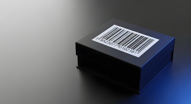 Black gift box with a barcode sticker on a dark reflective surface representing product identification concept for retail and secure delivery