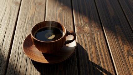 Wooden coffee cup on rustic table with steam