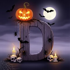 Halloween Letter D with Pumpkin, Skulls, Bats, and Moon.