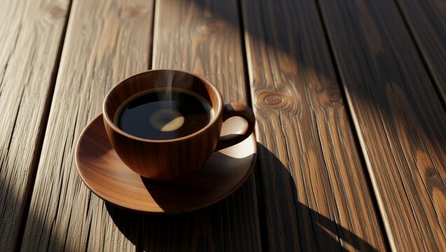 Wooden coffee cup on rustic table with steam - Powered by Adobe