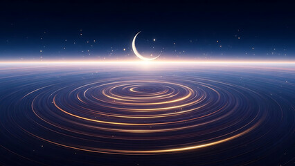 Magical crescent moon and stars reflecting over a hypnotic cosmic expanse, spiritual night