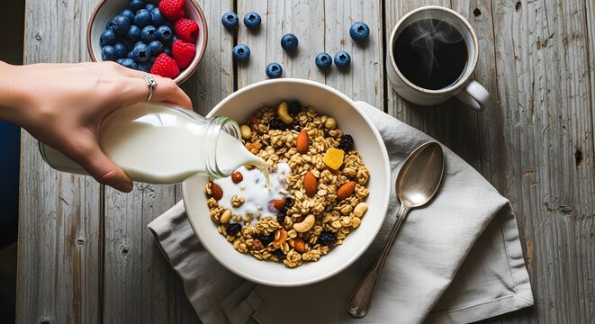 Pouring milk into a bowl of granola with nuts and dried fruit, served with berries and coffee.