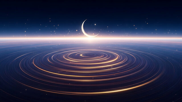 Magical crescent moon and stars reflecting over a hypnotic cosmic expanse, spiritual night - Powered by Adobe