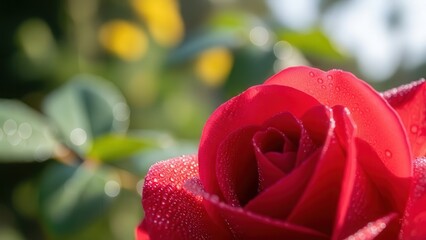 Close-up of a vibrant red rose with glistening dewdrops in garden