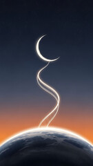 Ramadan crescent moon and Earth, a symbol of faith, spirituality, and the Islamic holy month
