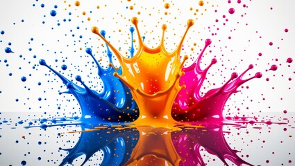 Vibrant paint splash with blue orange pink droplets
