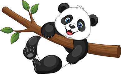 Adorable Happy Giant Panda Cub Cartoon Character Smiling Relaxing on a Wooden Tree Branch with Green Leaves Vector Illustration Isolated on White Background Comma © Sawda's World