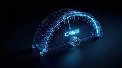 A digital gauge, illuminated in electric blue, points to CRISIS, symbolizing the critical state of an issue or situation. ..Created with Generative AI, not depicting real subjects.