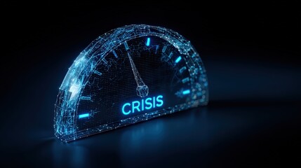 A digital speedometer displaying the word Crisis, symbolizing financial turmoil. ..Created with Generative AI, not depicting real subjects.