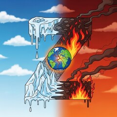Climate Change Illustration - A World in Crisis, Balancing Ice and Fire.