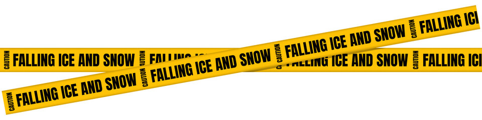 Yellow Caution Tape with Bold Black &ldquo;Caution: Falling Ice and Snow&rdquo; Text &ndash; Winter Safety Warning Barrier Ribbon for Ice Hazard, Slippery Surface Alert, Isolated on Transparent Background