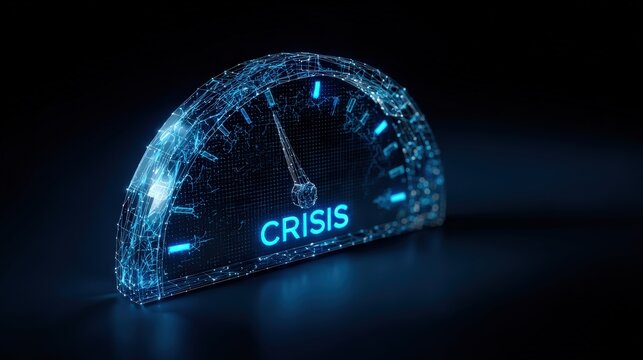 A digital speedometer displaying the word Crisis, symbolizing financial turmoil. ..Created with Generative AI, not depicting real subjects.