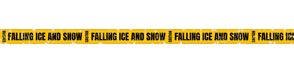 Yellow Caution Tape with &ldquo;Caution: Falling Ice and Snow&rdquo; Text and White Paint Splatter&ndash; Winter Safety Warning Barrier Ribbon for Ice Hazard, Slippery Surface Alert, Isolated on Transparent Background