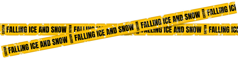 Yellow Caution Tape with &ldquo;Caution: Falling Ice and Snow&rdquo; Text and White Paint Splatter&ndash; Winter Safety Warning Barrier Ribbon for Ice Hazard, Slippery Surface Alert, Isolated on Transparent Background