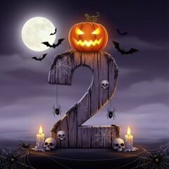 Halloween Countdown - Spooky Number Two with Pumpkin and Bats.