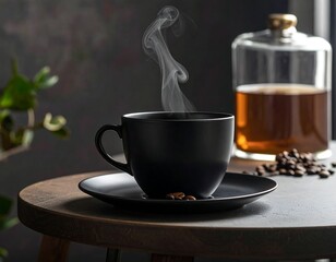 Steaming black coffee in a cup and saucer, beans, and drink container