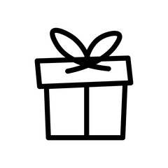 Minimalist graphic icon of a neatly wrapped present box tied with a classic bow, ideal for representing gifts, surprises, celebrations, generosity, and happy occasions like birthdays