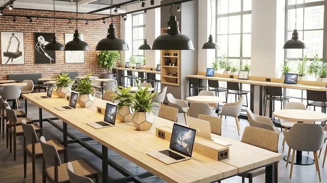 Modern Co-working Space with Laptops and Plants: A Stylish Interior Design for Productivity and