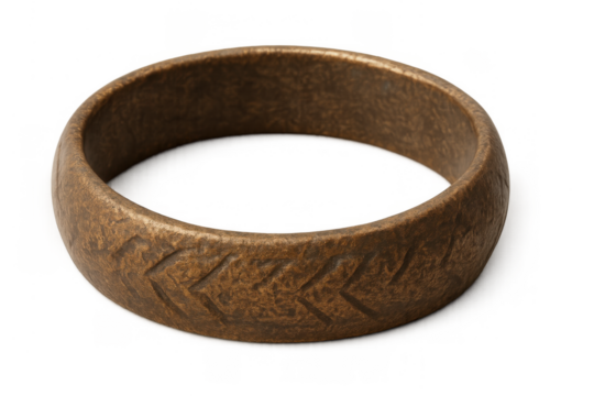 Ancient bronze ring presenting engraved tribal patterns, old antique jewelry accessory with a transparent background