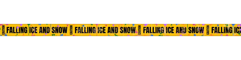 Yellow Caution Tape with &ldquo;Caution: Falling Ice and Snow&rdquo; Text and Colorful Paint Splatter&ndash; Winter Safety Warning Barrier for Ice Hazard, Slippery Surface Alert, Isolated on Transparent Background