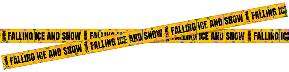Yellow Caution Tape with &ldquo;Caution: Falling Ice and Snow&rdquo; Text and Colorful Paint Splatter&ndash; Winter Safety Warning Barrier for Ice Hazard, Slippery Surface Alert, Isolated on Transparent Background