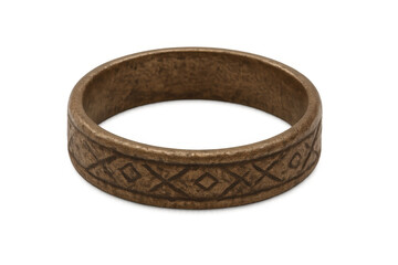 Ancient bronze ring presenting engraved tribal pattern, historical artifact, rustic metal jewelry with transparent background