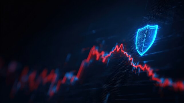 A digital shield illuminates, safeguarding against a turbulent red line indicative of financial downturns. ..Created with Generative AI, not depicting real subjects.
