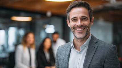 Confident businessman smiling brightly in a modern office with his team blurred in the background, exuding professional success and approachability