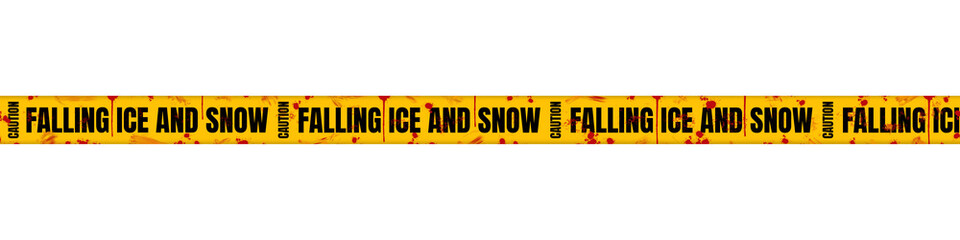 Bloody Yellow Caution Tape with Bold Black "Caution: Falling Ice and Snow" Text for Horror and Crime Scene Design - Isolated on Transparent Background