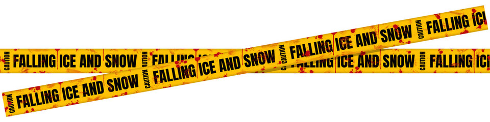 Bloody Yellow Caution Tape with Bold Black "Caution: Falling Ice and Snow" Text for Horror and Crime Scene Design - Isolated on Transparent Background