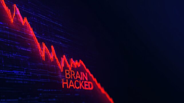 An ominous data stream visualized as a red line, subtly illuminating the words Brain Hacked, in a dramatic digital rendering. ..Created with Generative AI, not depicting real subjects.