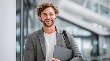 Confident professional smiling with laptop ready for success in modern office building, embodying ambition and a forward thinking mindset