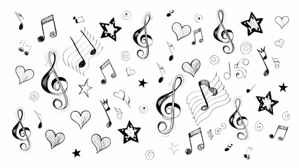 Hand drawn musical notes hearts and stars pattern background