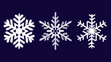 Three white snowflakes with a brush stroke texture on a dark blue background