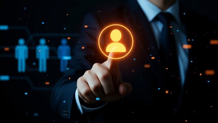 Businessperson pointing at glowing user icon on digital interface