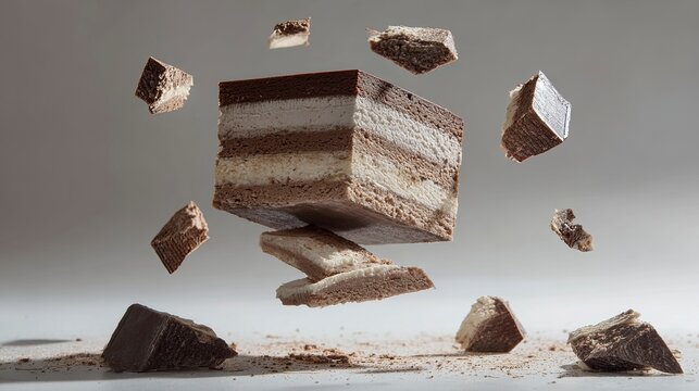 Indulge in delicious levitating chocolate mousse cake layers for a decadent treat, perfect for dessert menus, baking blogs, and gourmet food promotions