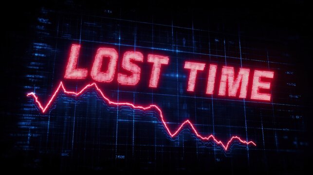The phrase LOST TIME boldly dominates a digital display, its crimson text highlighting a declining trend depicted by a fluctuating line graph. Created with Generative AI, not depicting real subjects.