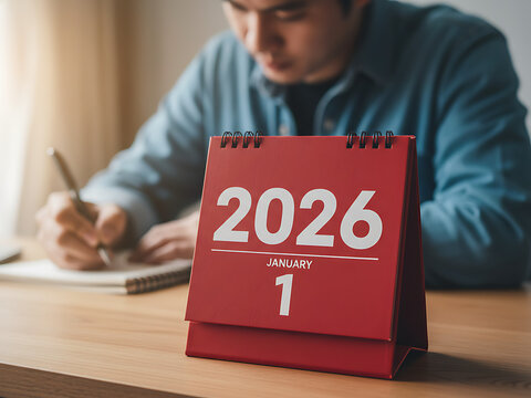 Showing a 2026 desk calendar with a person writing in a notebook planning organization future goals time management and preparation for the upcoming year in business personal life, Business Planning 