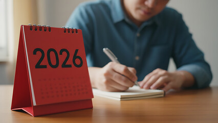 Showing a 2026 desk calendar with a person writing in a notebook planning organization future goals time management and preparation for the upcoming year in business personal life, Business Planning 