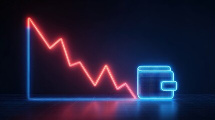 A stark visual of financial downturn, a glowing neon line charts a downward trajectory, accompanied by a symbolic wallet. ..Created with Generative AI, not depicting real subjects.